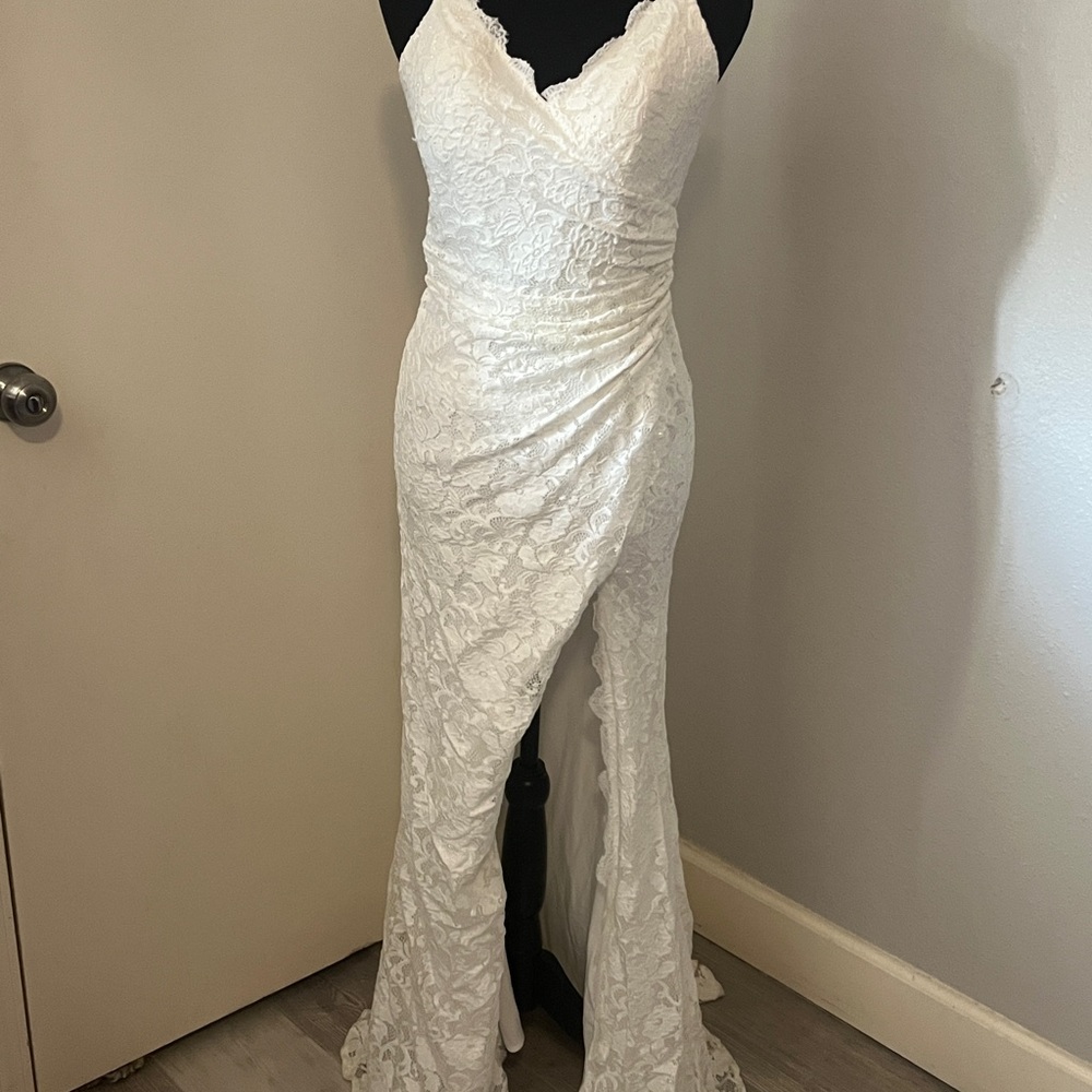 La Femme White Lace Wedding Dress with lace Wedding Veil.